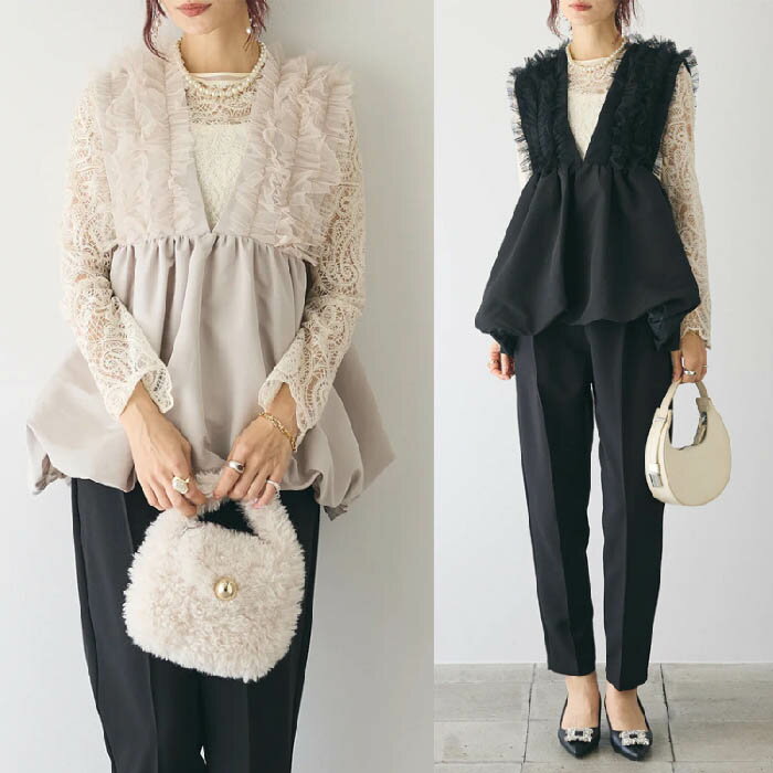 ベスト レディース 春 秋 Vネック ショート丈 ノースリーブ トップス ベスト フリル切り替え 無地 レース切り替え トップス フレア裾 ジレ Aライン 春秋 大きいサイズ きれいめ ゆったり シンプル 重ね着 レイヤード 体型カバー トレンド感 20代 30代 40代