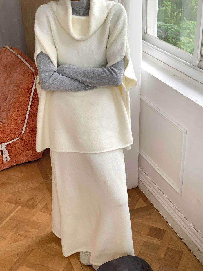 ニットベスト ベスト レディース ポンチョ ローゲージニット チャンキーニット ハイネック レイヤード 春 秋 ニット スカート ロング丈 Aライン タンクトップ トップス ドルマンスリーブ 体型カバー ゆったり シンプル 重ね着 ニット セットアップ