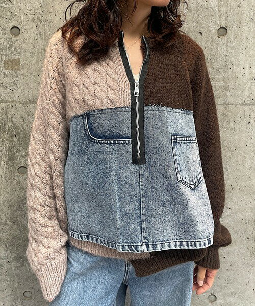 ニット 切り替え レディース 春 秋 異素材 デニム 切り替え ニット セーター 重ね着 セーター デニム切り替え 長袖 大きいサイズ 重ね着 レイヤード風 ゆったり オシャレ シンプル カジュアル 着回し 体型カバー きれいめ 着瘦せ トレンド感