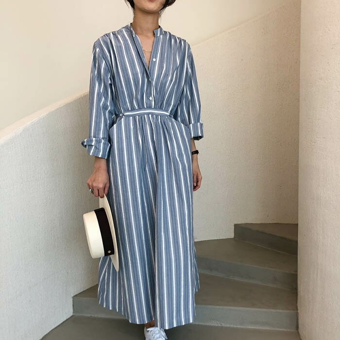 シャツワンピース ストライプ柄 ワンピース 春秋 レディース 長袖 マキシワンピース ロングワンピース ゆったり カジュアル シンブル おしゃれ 体型カバー 着痩せ トレンド 大人