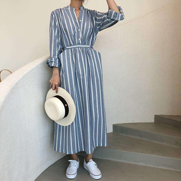 シャツワンピース ストライプ柄 ワンピース 春秋 レディース 長袖 マキシワンピース ロングワンピース ゆったり カジュアル シンブル おしゃれ 体型カバー 着痩せ トレンド 大人