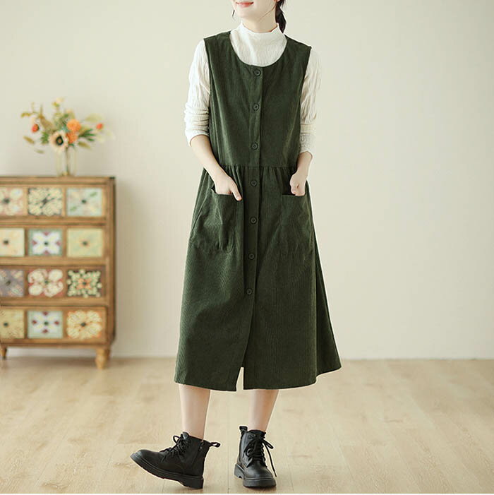 ジャンパースカート コーデュロイ ジャンスカ ワンピース Aライン レディース ノースリーブ 春 秋 ロング丈 ゆったり 体型カバー 女性 お呼ばれ 可愛い 無地 大きいサイズ おしゃれ ゆったり カジュアル ナチュラル 着痩せ