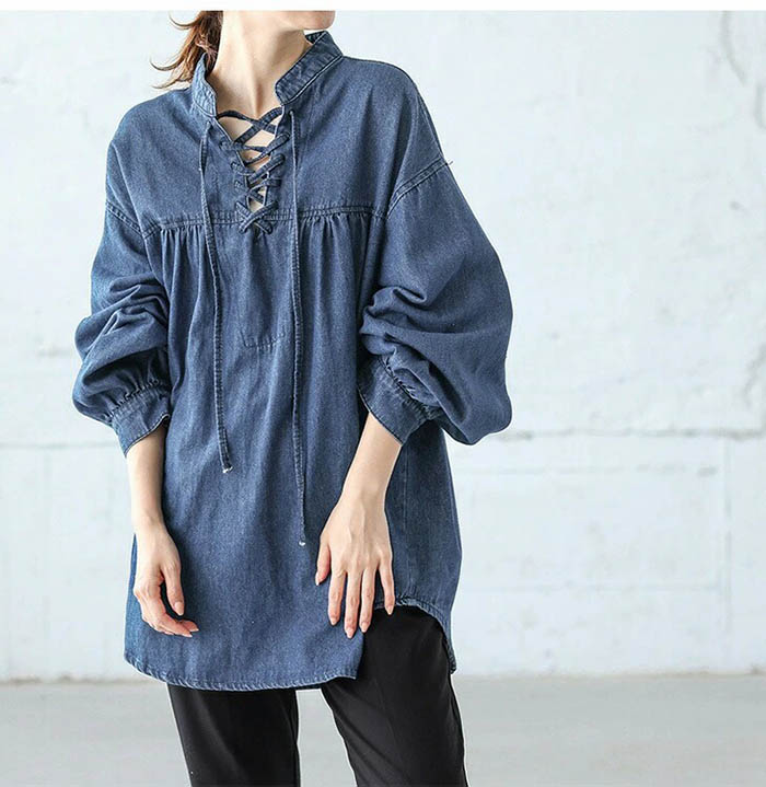 ブラウス レディース デニムシャツ ゆったり シンプル トップス シャツ Tシャツ 春 秋 きれいめ おしゃれ 大人 カジュアル こなれ感 長袖 着痩せ ボリューム袖 フリーサイズ きれいめ カジュアル