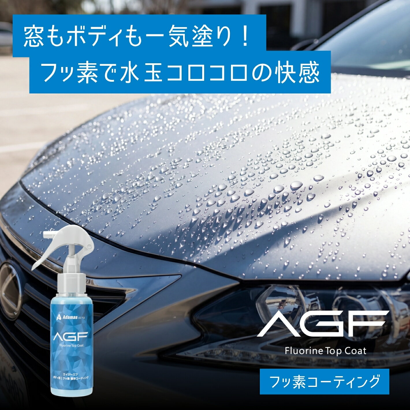 フッ素コーティング剤 AGF 100ml ナビもホイールもこれ1本 真夏も効果持続 ブレーキダスト軽減 指紋汚れ防止 ガラス ボディ 内装 多目的 拭き上げ同時施工 撥水 艶 UVカット 静電気抑制 梅雨 洗車