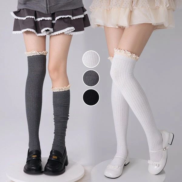 ホワイト ブラック 原宿系 コスプレ イベント ガール ガーリー ロリータ 日常 春秋冬 暖かい レース ニットソックス ロング靴下