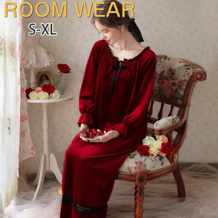 可 柔らかい 部屋着 寝巻き 春秋冬 レース付き ベルベット ベロア ルームウェア ネグリジェ 冬 レディ..