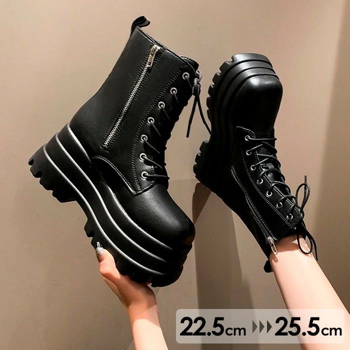 カジュア 秋冬 靴 厚底ヒール 脚長 美脚 韓国風 モード系 ブーツ 黒 レースアップ サイドジップ ショートブーツ 厚底 レディース