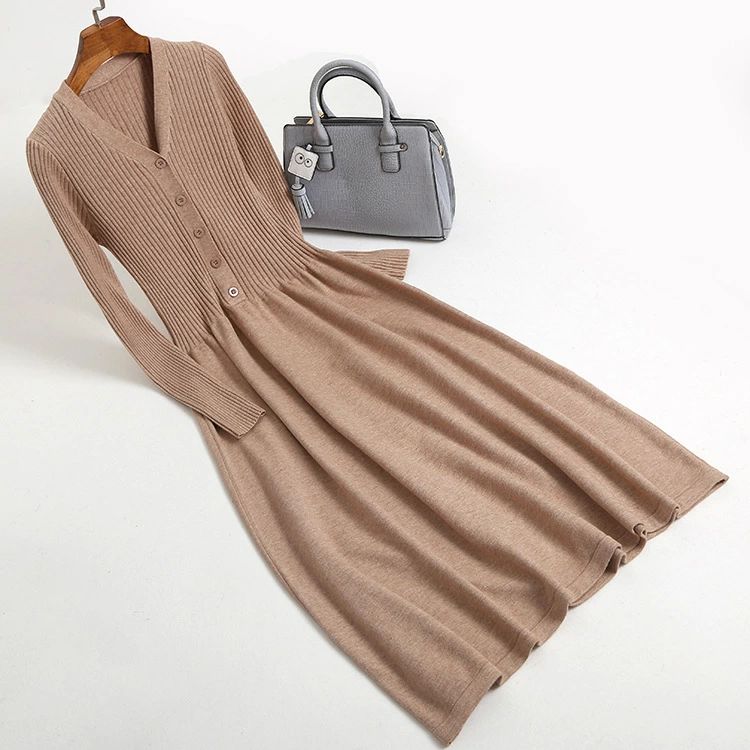 カジュア 大人 袖あり 上品 フレア Vネック ロング きれいめ 長袖 春 大人 ニットワンピ リブニット秋冬 リブ ニット ワンピース