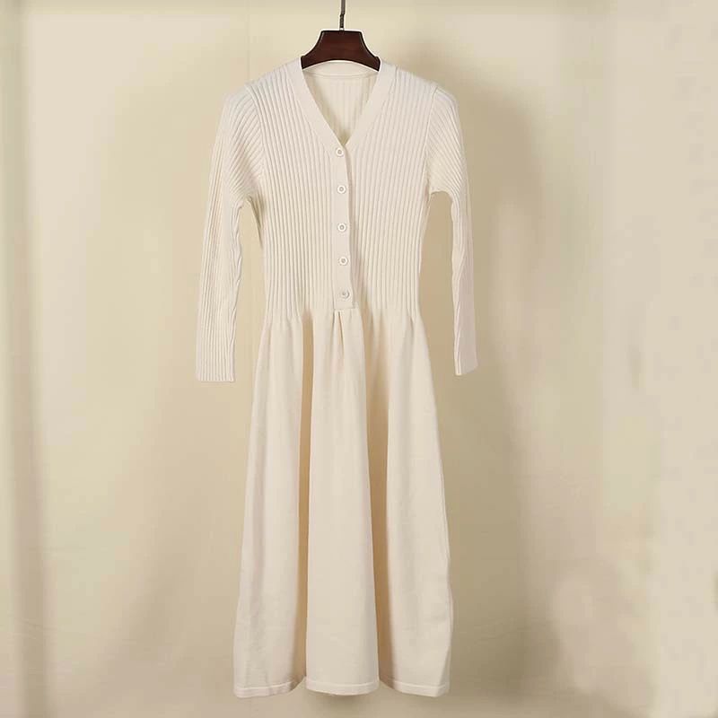 カジュア 大人 袖あり 上品 フレア Vネック ロング きれいめ 長袖 春 大人 ニットワンピ リブニット秋冬 リブ ニット ワンピース
