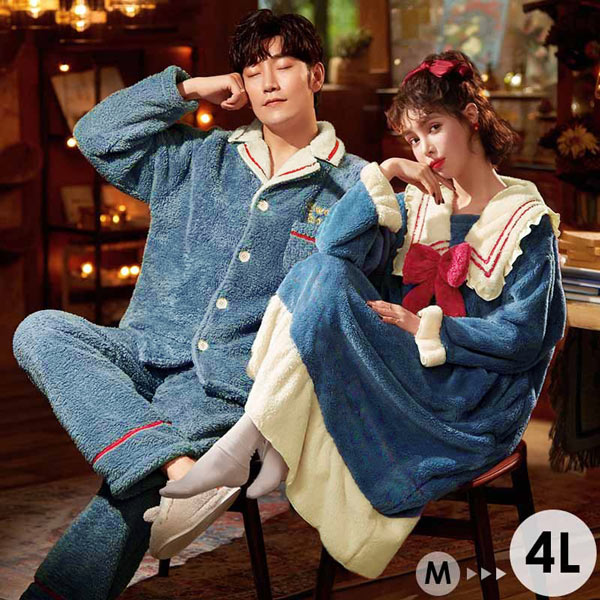 冬 メンズ 冬 レディース ルームウェア パジャマ セーラー風 ワンピース ズボン 上下セット 部屋着 ペア 大きいサイズ もこもこ