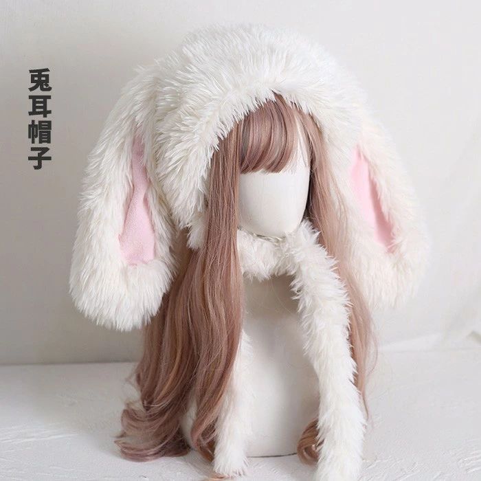 韓 撮影用 コスプレ キャップ フード付き 兎耳 可愛い あったか 防寒 冬 ロップイヤー風 ファー帽子 レディース ビッグ耳 帽子(4)