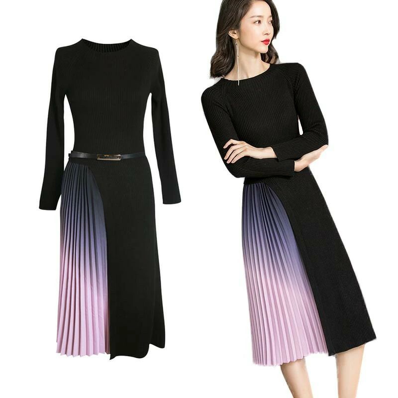 プリーツワンピース 長袖 キレイめ ベルト付き 上品ワンピース ラウンドネック 切り替え オシャレ 配色 ハイウエスト(4)