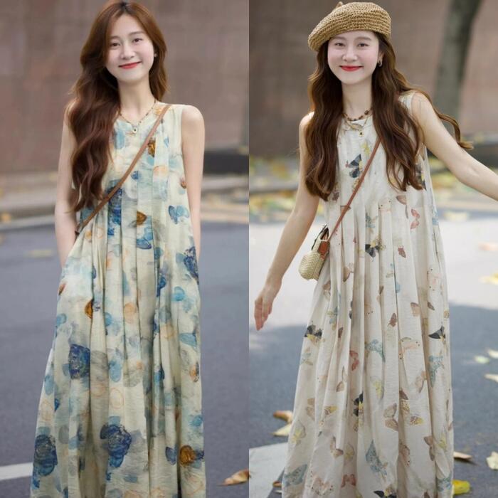 エレガント レディース ロングワンピ バタフライ プリント プリーツ ドレス ワンピ
