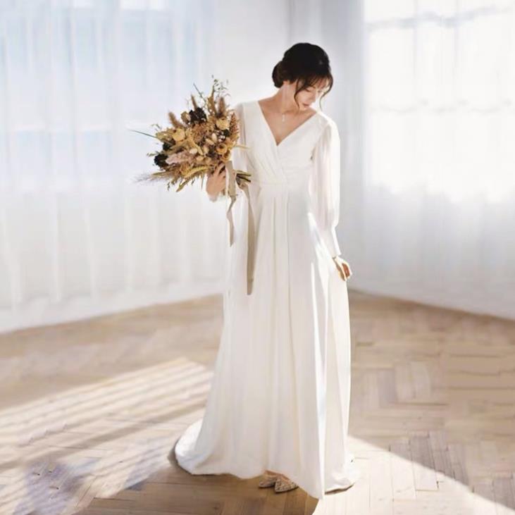 xs～xl ファスナータイプ ウェディングドレス ロングドレス マキシ丈 長袖 Vネック Aライン ウェディングドレス