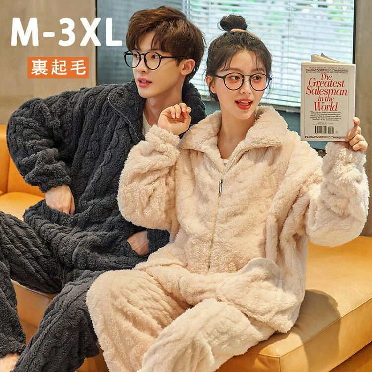 3X 2XL XL L M プレゼント お祝い 記念日 夫婦 恋人 裏起毛 上下 カップルパジャマ もこもこ ペアパジャマ 前開き 冬 ペア