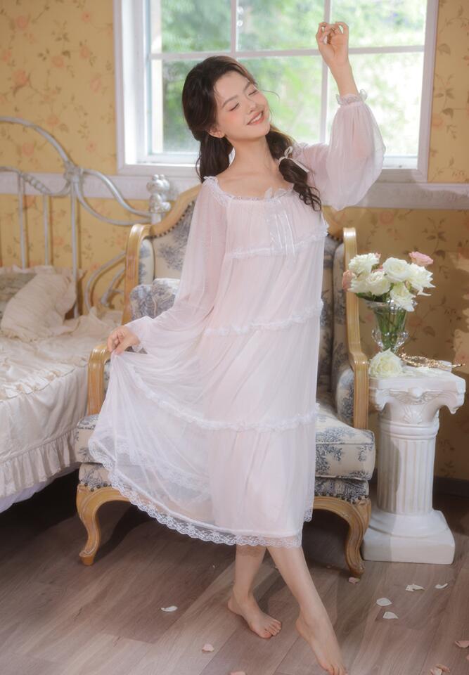レース フリル かわいい 寝巻き 部屋着 ルームウェア 秋 春 パジャマ ルームウェア ロング丈 長袖ワンピース ロング ネグリジェ