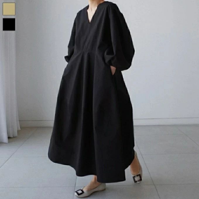 ブラック ロング Vネック レディース【メール送料無料】ボリューム袖 ワンピース フレア ベージュ 長袖 クラシカル きれ Vネック