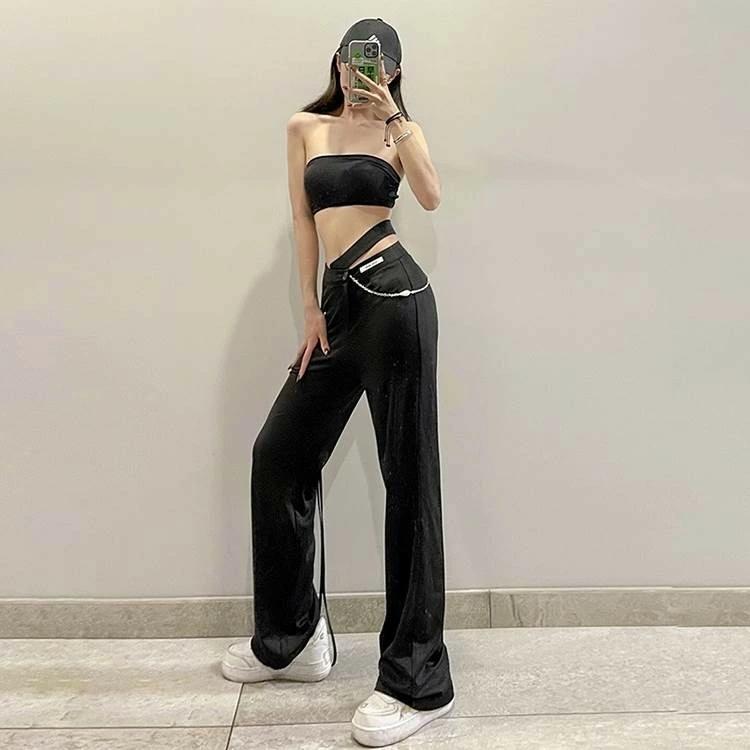 アシンメトリー お洒落 シンプル パンツ ズボン おしゃれ レディース ハイウエ チェーン カジュアル 個性的 かっこいい ボトムス