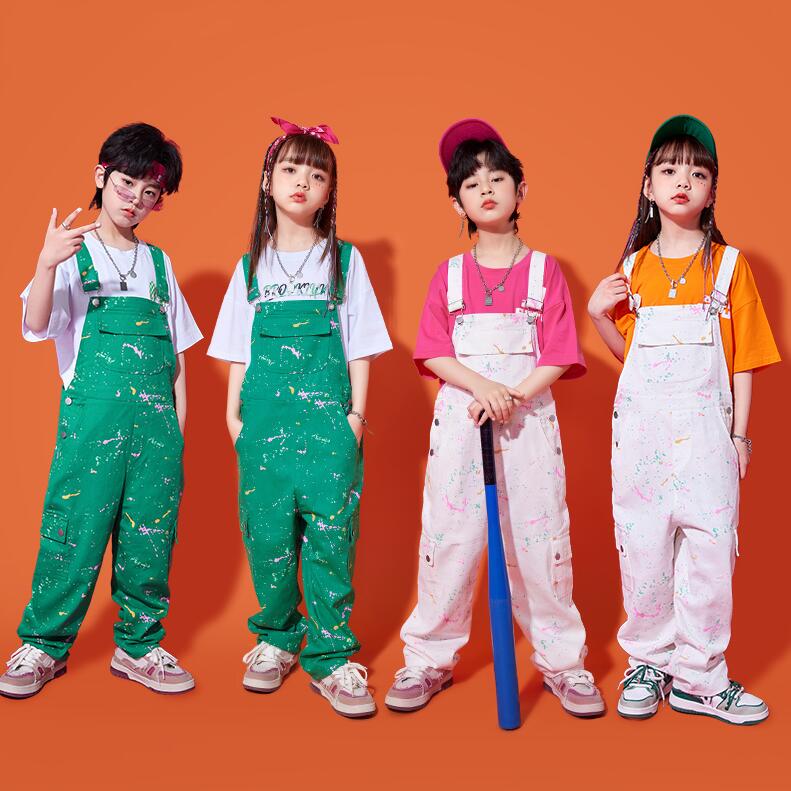 女の子 男の子 衣装 ヒップホップダンス ジャズダンス 半袖tシャツ サロペット キッズ 落書き柄 オーバ..