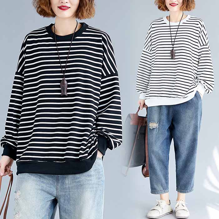 秋 春 コットン混 綿混 ゆったり 大きいサイズ 長袖 長袖 丸首 ボーダー レーナー ト スエット カットソー トップス レディース