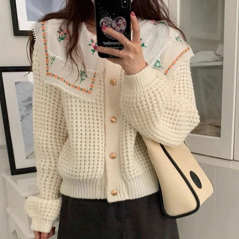 めドールネック刺繍キルティングニットカーディガントップス婦人服秋冬優しい長袖セーターコート(4)