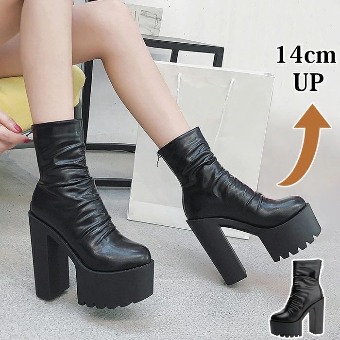 マット シック プラットフォーム 太ヒール ボリューム 冬 秋 シューズ 靴 レディース 女性 厚底チャンキーショートブーツ レザー