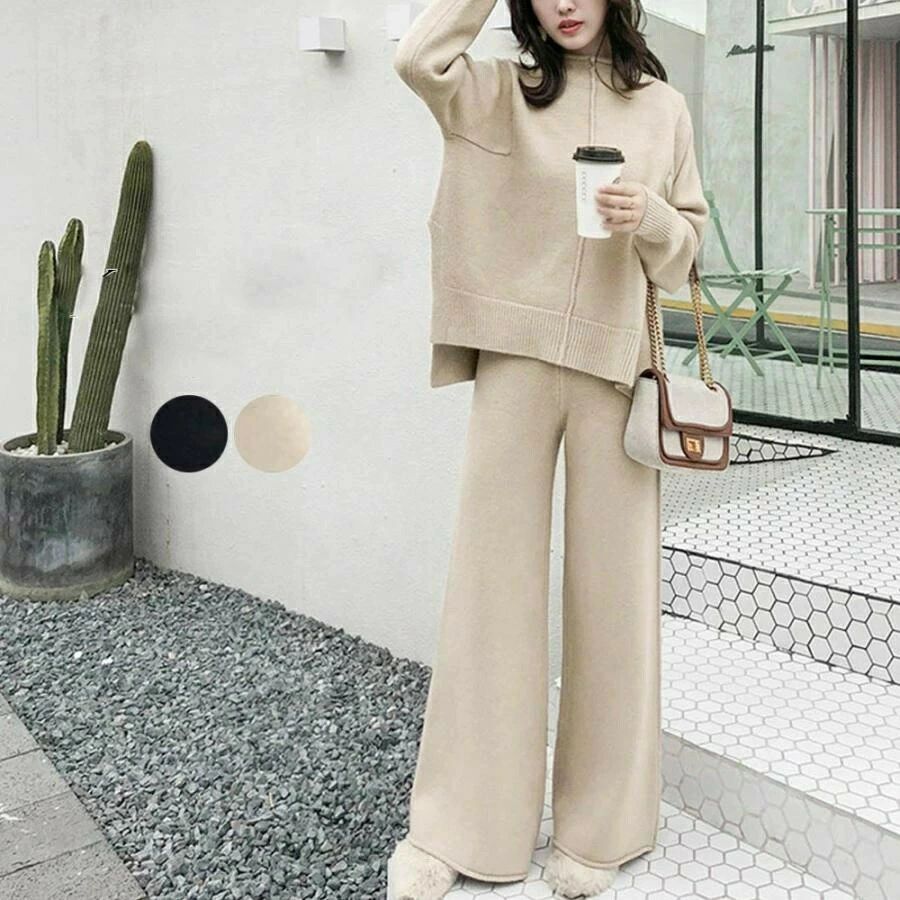 通勤ゆったり着られてきちんと見 着やせ 上下セット体型カバー ワイドパンツ 無地 ニットトップス 秋冬..