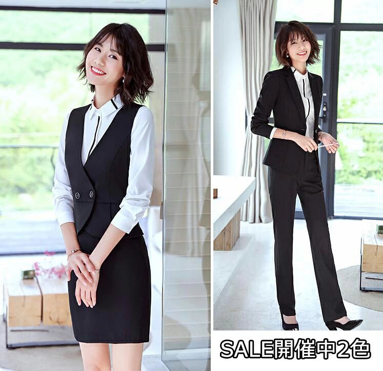 着 OL 通勤 スリムスーツ ビジネス ジャケット+パンツ/スカート 2点セット 2ピーススーツ 2色 無地 長..