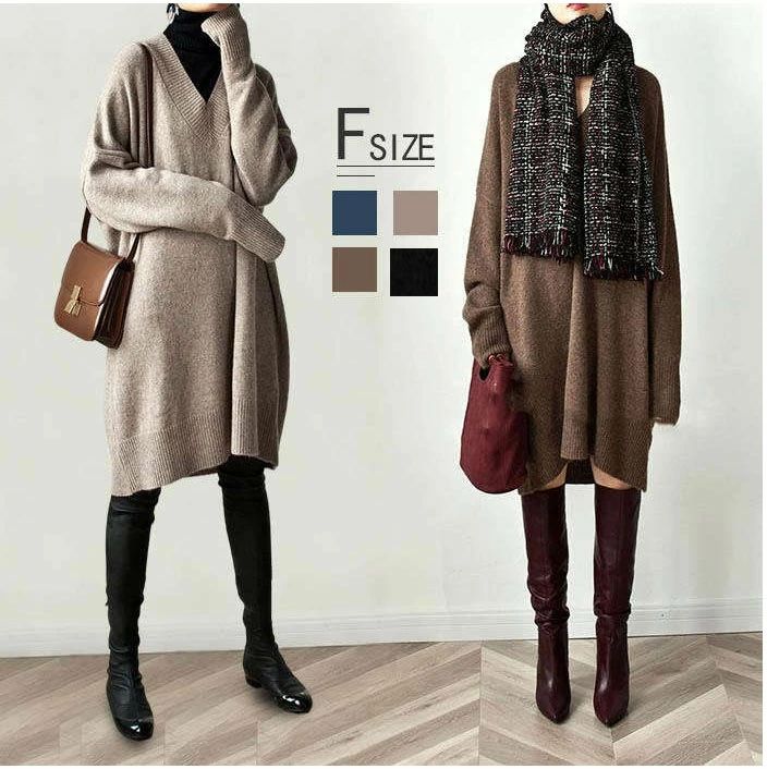 ゆったり ニットワンピース 秋冬 ニット トップス セーター 長袖 レディース ニットチュニック Vネック 長袖Vネックワンピース