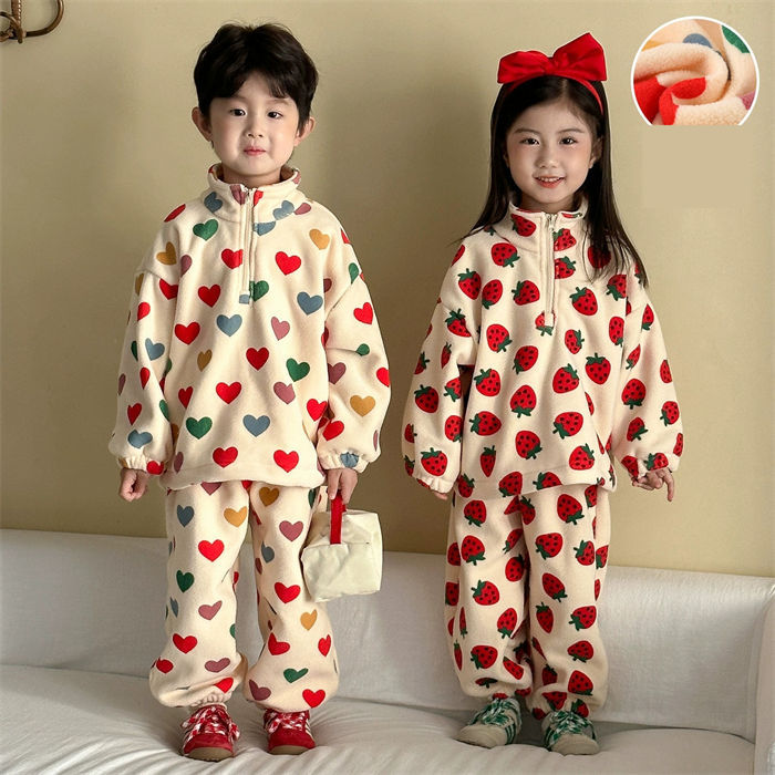 リンクコー イチゴ柄 ハート柄 もこもこ ベビー服 兄妹お揃い 上下セット キッズ 男の子 女の子 子供服 冬 パジャマ 子供 お揃い
