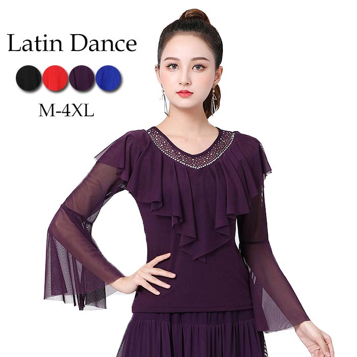 ス ダンス衣装 ラテンダンス レッスン着 ダンス着 ブラウス フレア袖 シースルー 胸元フリル かわいい 衣装 フラメンコ トップス