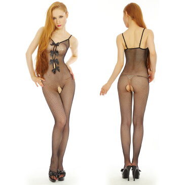 ≪Lingerie costume≫前リボン付き 全身網タイツ/ブラック/全身タイツ/網タイツ 穴あき/ボディーストッキング/ボディータイツ/シースルーランジェリー/Tバック/コスプレ衣装/コスチューム/セクシー下着/勝負下着/過激/babydoll baby doll/エッチな下着/ハロウィン/s-cs_6a598