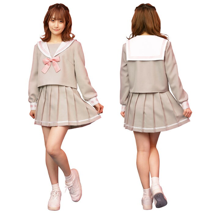 送料無料 グレーセーラー グレー ミニ スカート ミニ丈 スクール 制服 学生服 長袖 セーラーブラウス リボンブローチ 韓国風 アイドル 大人 セクシー かわいい セット 一式 学生コス コス コスチューム ハロウィン コスプレ 宴会 忘年会 仮装 衣装 レディース s-cs-6j382