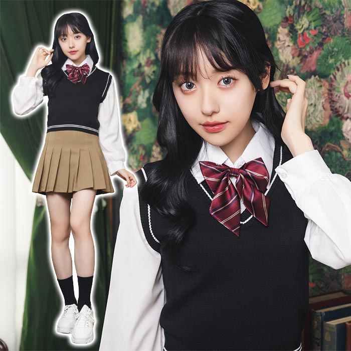 送料無料 オルチャンセーラー ニットベスト ブラック×モカ セーラー 上下セット 韓国 制服 韓国風制服 セーラー服 スクール 学生 学生服 女子高生 制服 トップス リボン スカート パンツ 卒業式 卒服 かわいい 可愛い レディース アイドル 女性 女性用 コスプレ cs-ja02199
