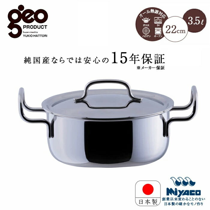 宮崎製作所 ジオ プロダクト 両手鍋 22cm GEO-22T 鍋 なべ ステンレス ガス IH対応 15年長期保証 日本製 オーブン 無水調理 無油調理 保温 熱伝導 ウォーターシール GEO PRODUCT