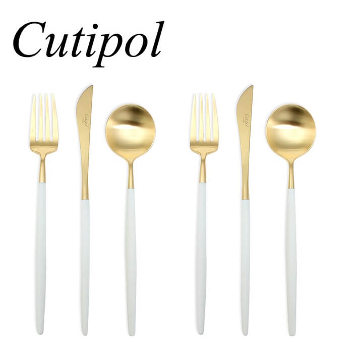 《 1セットまでメール便対応可能 》Cutipol GOA クチポール ゴア ホワイト ゴールド デザート 6点セット（ ナイフ スプーン フォーク ）箱なし GO06GW GO08GW GO07GW 直輸入品