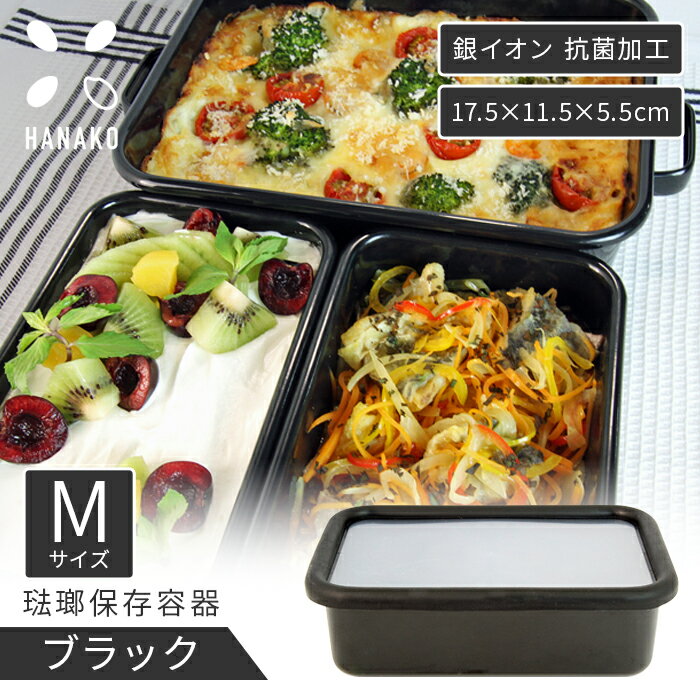 ホーロー 黒 ブラック 抗菌 HANAKO ホーロー容器 保存容器 抗菌 琺瑯 浅型 角容器 Mサイズ 0.74L AD-M.BK ホーロー 黒 銀イオン 抗菌加工 食洗機可能（ふたは食洗機不可） 送料無料