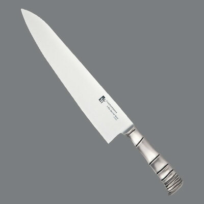 【仕様】サイズ：27cm全長：400mm質量：255g背厚：2.2mmTAMAHAGANE 竹シリーズ　■本研刃造り プロの技術者により、本刃付けする前に研ぎなおしを容易にするため、水砥の荒砥・中砥を使用し、刃基を研ぎだしてあります。 ■本刃付け砥石による本格的な刃付けを施し、鋭い切れ味を長く持続させます。 ■一体構造刀身とハンドルはすき間のない一体構造で非常に衛生的です。 ■モナカハンドルハンドル部を空洞にし、軽くていつまでも美観を保つ｢ステンレスモナカ構造｣を採用。また、18-8ステンレス鋼を使用し水・洗剤等の高圧・高温殺菌洗浄を可能にした衛生的なハンドルです。 ※塩素等での殺菌はご遠慮ください。 ■三層鋼サビにくい13クロームステンレスに、刃物鋼では最高級のモリブデン・バナジウム鋼を刃部に割込み、最新の設備と高度な技術で造り上げられた製品ですので、使い始めから本格的な切れ味のよさが得られます。 サイズ違いはこちら18cm21cm24cm30cm■メーカー希望小売価格はメーカーカタログに基づいて掲載しています