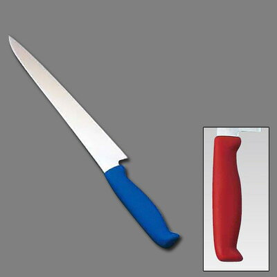 【仕様】 全長：370mm 質量：140g 背厚：2.5mm 材質 刀身：モリブデンバナジウム鋼　ハンドル：エラストマー樹脂（ノバロン銀系無機抗菌剤配合） 耐熱温度：115℃ 特長 ●ハンドルは抗菌加工が施され、衛生管理に最適。 ●現場の声にもとずいた握りやすく、疲れない、滑りにくい、耐久性抜群のハンドル。 ●ハンドルカラーを6色用意。食材別に使用でき衛生管理ができます。 ●熱湯殺菌（100℃ 20分）にも対応。 ●インサート成型により口元からの水、雑菌の浸入を防ぎます。■メーカー希望小売価格はメーカーカタログに基づいて掲載しています