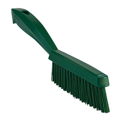 【仕様】 メーカー品番：4195 カラー：グリーン 幅×ブラシ長：20×150mm 全長：290mm 毛の長さ：32mm 質量：0.09kg Vikan hygiene system ヴァイカンブラシ デンマーク製 HACCP対応ブラシ HACCP対応の規格を各所に取り入れると共に、カラーコーディングを全商品に導入していますので、色別の洗浄システムがはかれます。また、人間工学を商品設計の中に取り入れているので従来の商品と比べて疲労度合が軽く、使う人の身になって設計されています。 ■特長 ●ポリエステルの毛を一束ずつステンレス製留め具で留めて 有るので、毛が抜けにくい。 ●熱湯(120℃)・洗浄・消毒剤・酸・アルカリ・油に非常 に強い。 ●ほこりやバクテリアを吸収しない。 材質:本体/ポリプロピレン 毛 /ポリエステル 耐熱温度:120℃ ●ブラシ幅が細いハンドルブラシ。手の入りにくい機械の 隙間や狭い場所の洗浄に最適です。