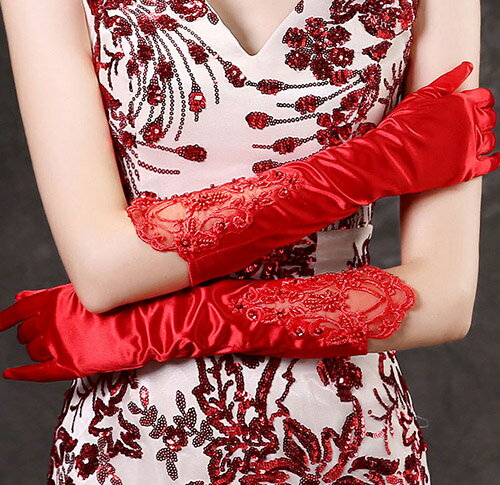 ウエディンググローブ ロンググローブ 花嫁 ブライダルグローブ 結婚式 二次会 ウエディング手袋 パーティー グローブ サテン レース 前撮り 海外挙式 ピアノ 発表会 エレガント ウエディング小物 赤