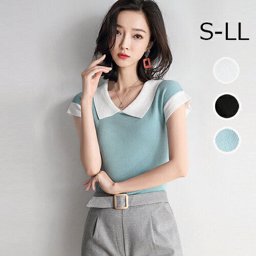 ニットサマーニット薄手春夏半袖白黒...