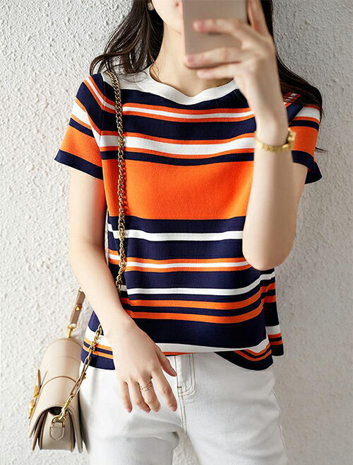 サマーニット 薄手 tシャツ ニット 半袖 春 夏 レディース トップス カットソー ストライプ 大人 ママコーデ カジュアル 着やせ 大きいサイズ 上品 通勤 オフィス カジュアル 着回し シンプル 20代 30代 40代 50代 柔らか 春夏ニット