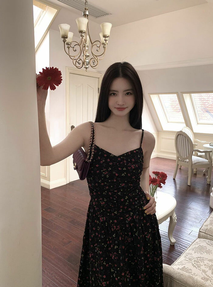 キャミソール ワンピース 花柄 ロング セクシー レトロ ロマンチック エレガント レディース Vネック ノースリーブ ウエストマーク 着痩せ お嬢様 ビンテージ風 春 夏 秋