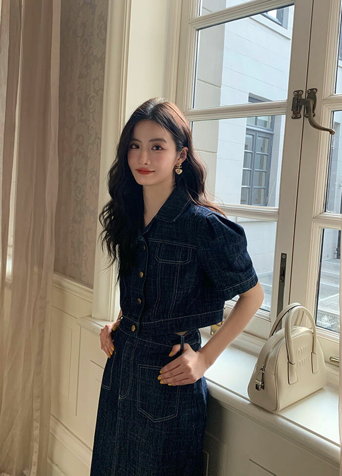 デニム セットアップ スカート ロング レディース 春 夏 シャツ 半袖 トップス 襟付き 個性的 2点セット ハイウエスト カジュアル 着痩せ クラシカル エレガント シンプル 無地 おしゃれ コーデ 通勤 学生 OL 日常 デート マキシ スカート デニム セット