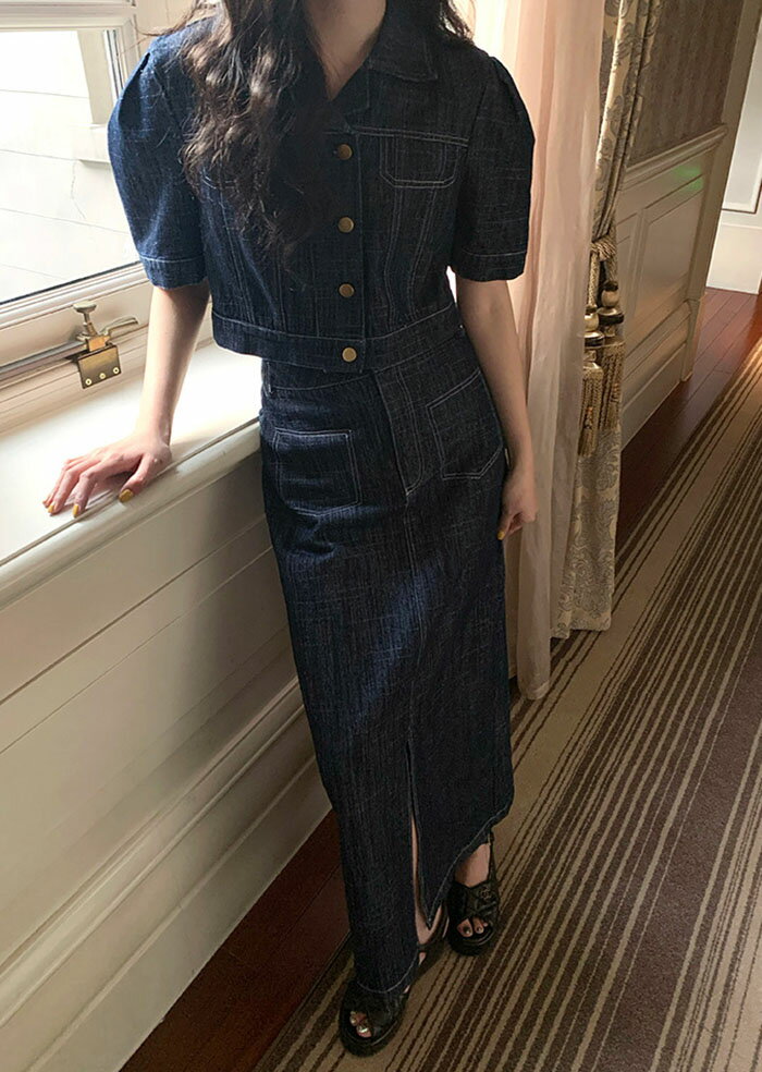 デニム セットアップ スカート ロング レディース 春 夏 シャツ 半袖 トップス 襟付き 個性的 2点セット ハイウエスト カジュアル 着痩せ クラシカル エレガント シンプル 無地 おしゃれ コーデ 通勤 学生 OL 日常 デート マキシ スカート デニム セット