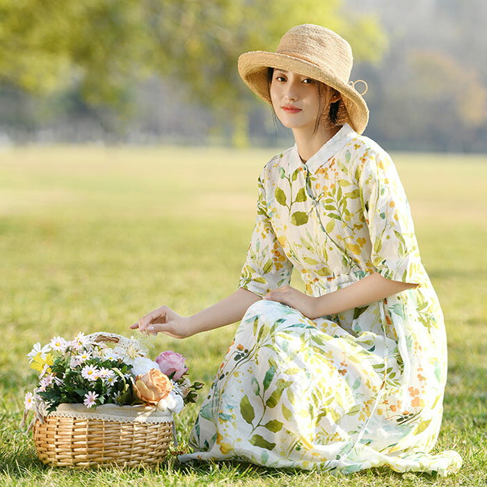 リネン ワンピース 麻 レディース 大きいサイズ 春 夏 半袖 きれいめ 花柄 ロング 着痩せ 女性用 体型カバー 吸汗 通気 おしゃれ ゆったり シンプル カ...