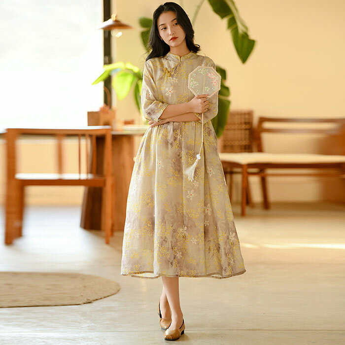 リネン ワンピース 麻 レディース 大きいサイズ 春 夏 七分袖 きれいめ 花柄 ロング 着痩せ 女性用 体型カバー 吸汗 通気 おしゃれ ゆったり シンプル ...