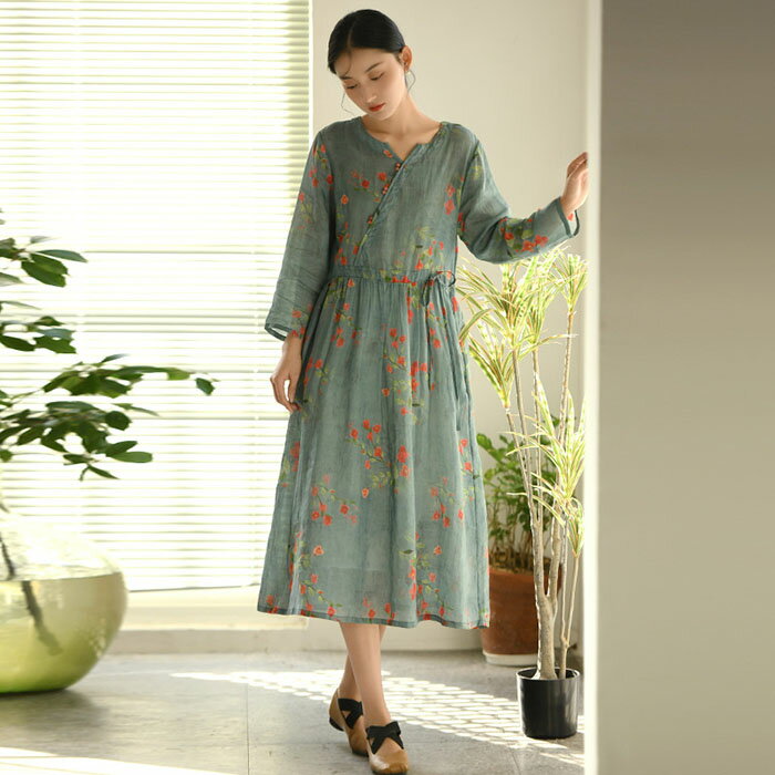 リネン ワンピース 麻 レディース 大きいサイズ 春 夏 長袖 きれいめ 花柄 ロング 着痩せ 女性用 体型カバー 吸汗 通気 おしゃれ ゆったり シンプル カ...