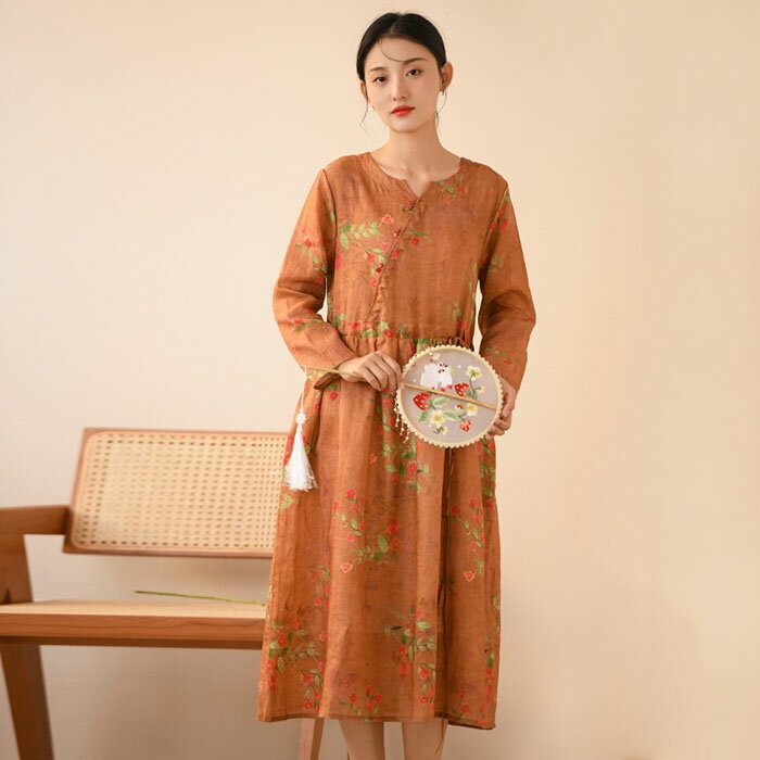 リネン ワンピース 麻 レディース 大きいサイズ 春 夏 長袖 きれいめ 花柄 ロング 着痩せ 女性用 体型カバー 吸汗 通気 おしゃれ ゆったり シンプル カジュアル エレガント レトロ 薄手 OL通勤 旅行 海 母の日 プレゼント 贈り物 20代 30代 40代 50代 マキシ丈 ワンピース